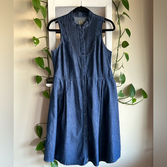 THRE3 Sleeveless Dark Blue Denim Vibes Button Up Fit & Flare Belted Dress EUC - Picture 3 of 16